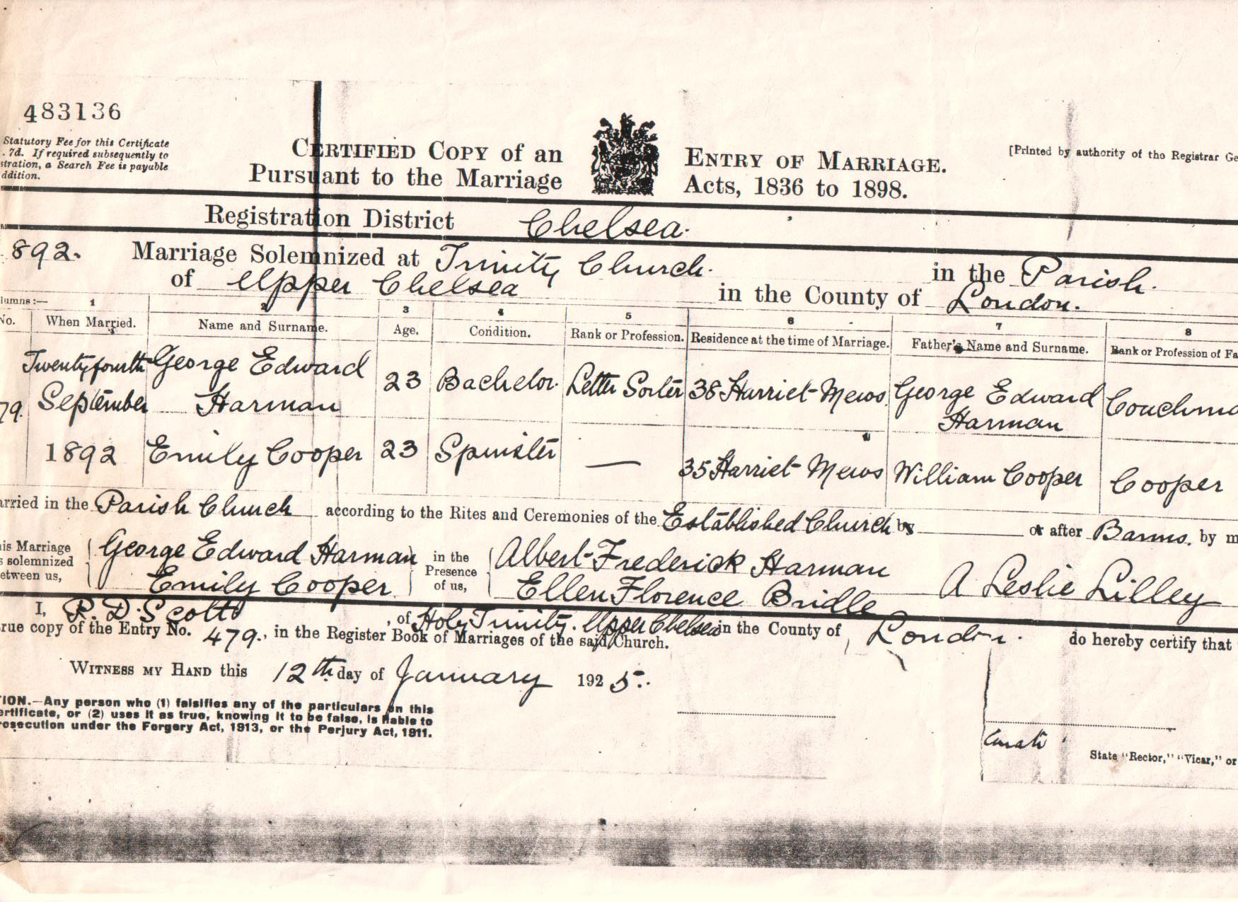 1892 marriage of Emily Cooper to George Edward Harman